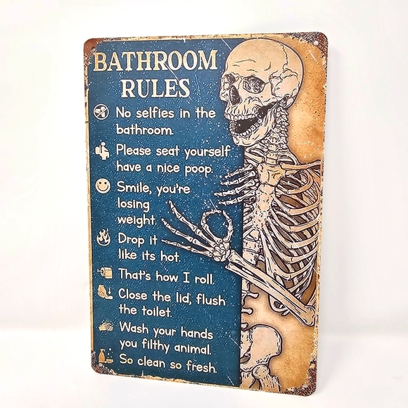 A Gothic Universe Other - Vintage Metal Sign | Indoor/Outdoor | Bathroom Rules Gold, Blue 8x12"